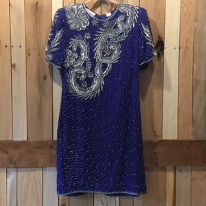 Vintage Laurence Kazer blue beaded dress